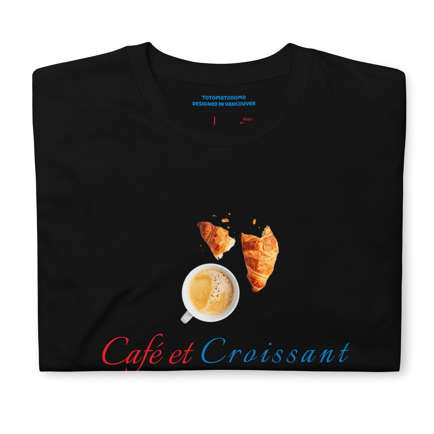 Totomatodomo Unisex 'Café et Croissant' T-Shirt | French Flag Design