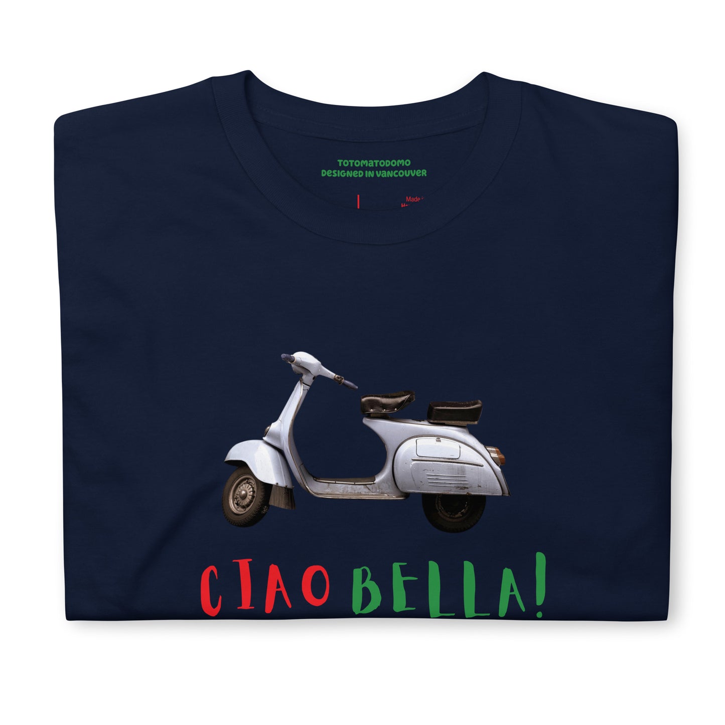 Totomatodomo Unisex 'Ciao Bella!' Vespa T-Shirt | Italian Flag Design