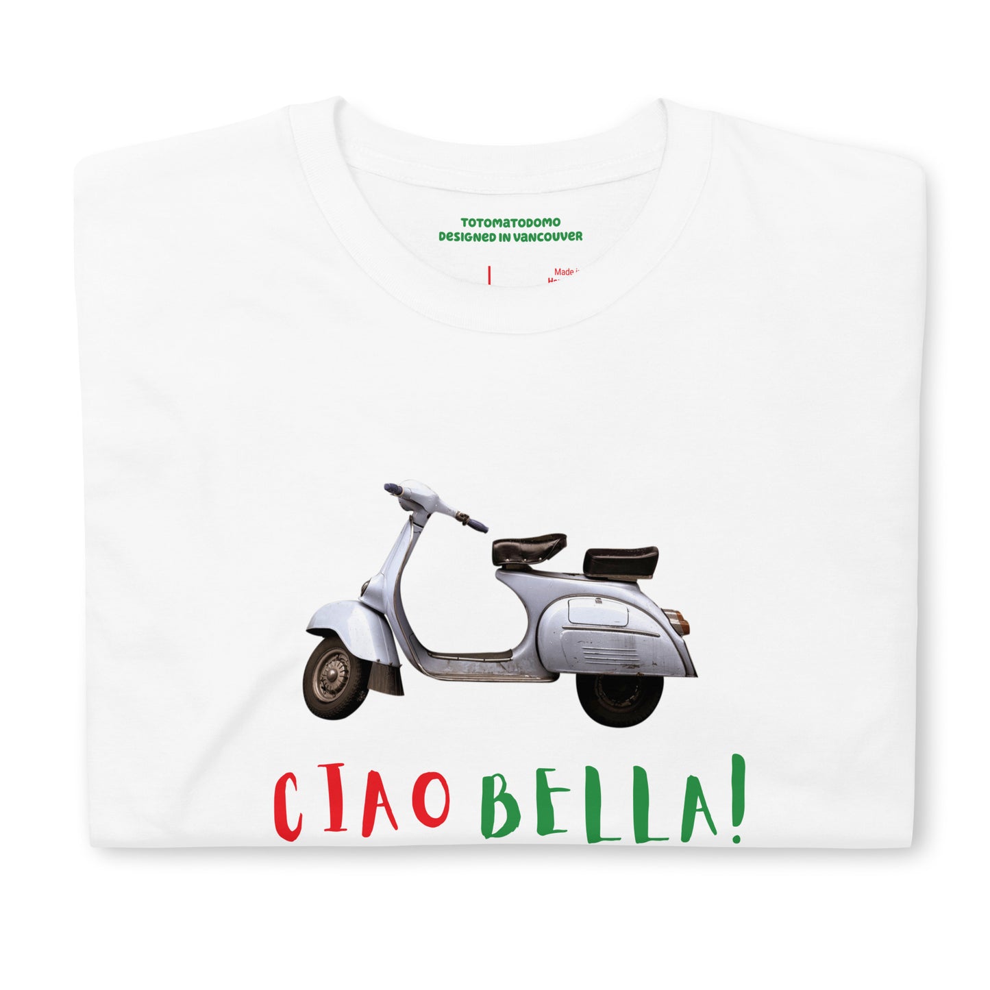 Totomatodomo Unisex 'Ciao Bella!' Vespa T-Shirt | Italian Flag Design