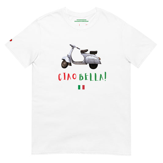 Totomatodomo Unisex 'Ciao Bella!' Vespa T-Shirt | Italian Flag Design