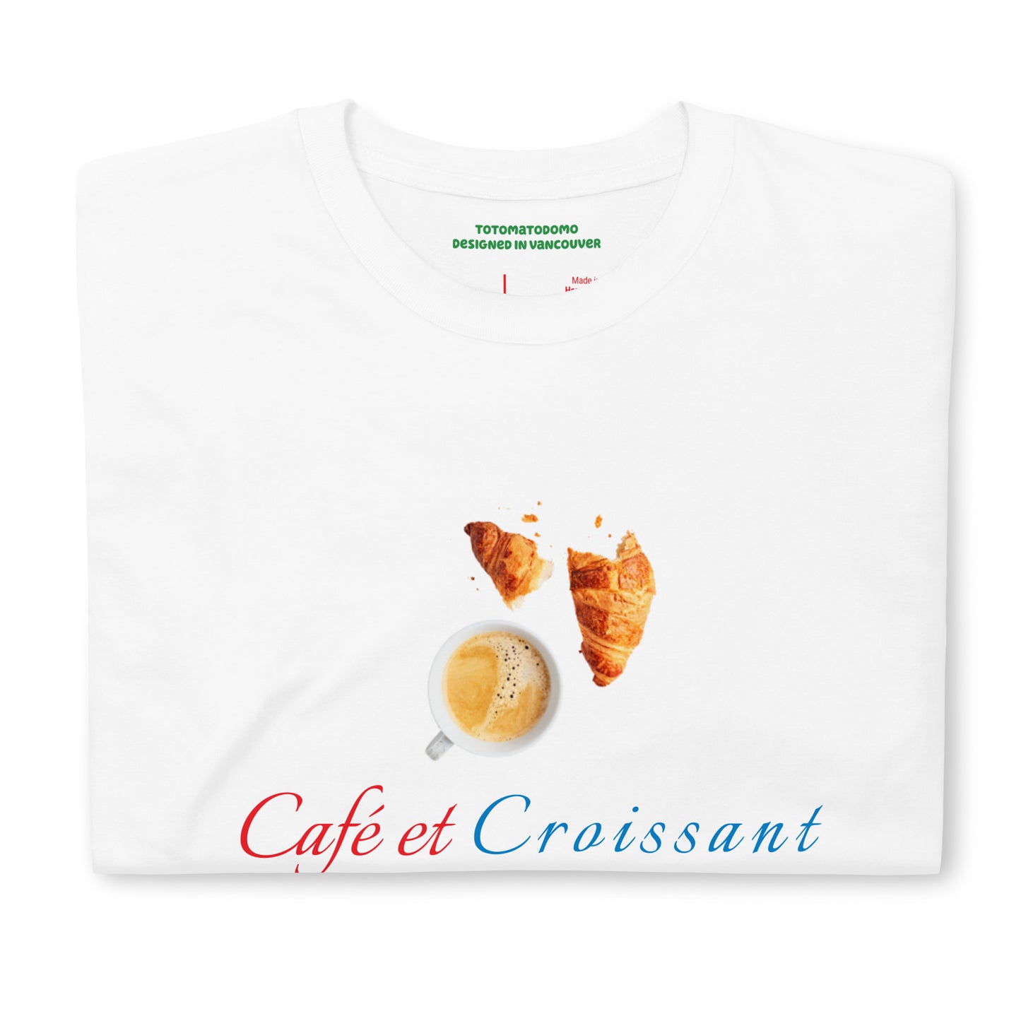 Totomatodomo Unisex 'Café et Croissant' T-Shirt | French Flag Design