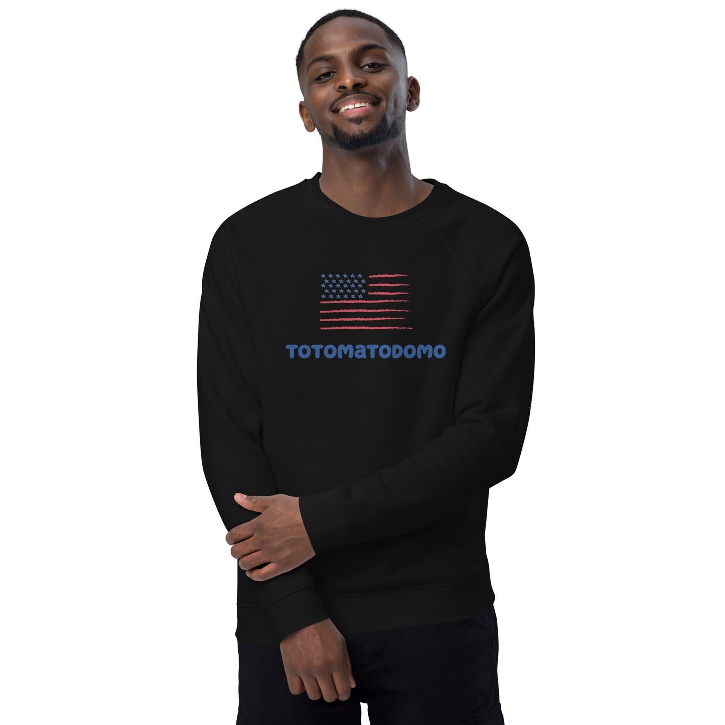 Totomatodomo Unisex USA Organic Cotton Raglan Sweatshirt | Stars and Stripes Design - Blue Logo