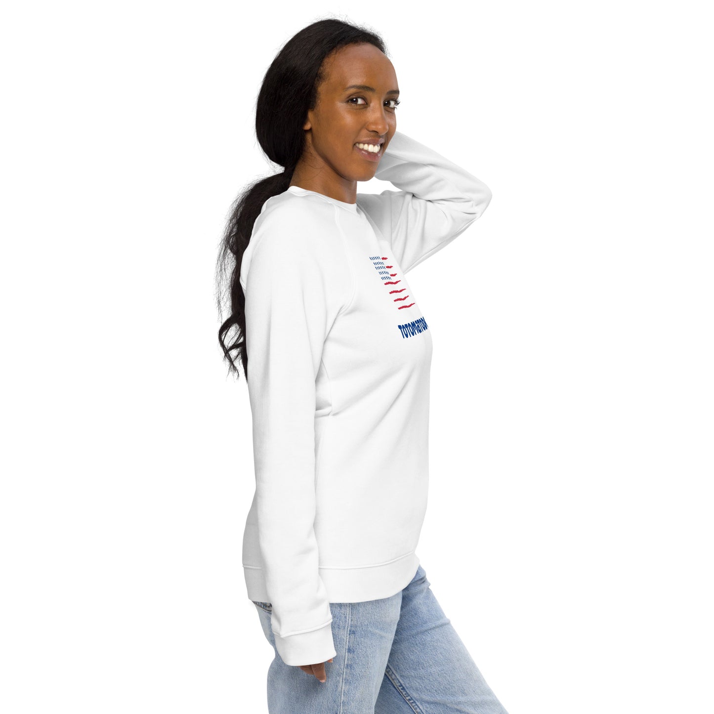 Totomatodomo Unisex USA Organic Cotton Raglan Sweatshirt | Stars and Stripes Design - Blue Logo